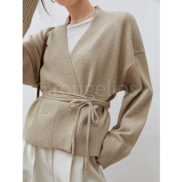 Oatmeal Beige Knit Kimono Sweater Tie Belt Boxy Loose Fit Drop Shoulder Wrap - Picture 8 of 12